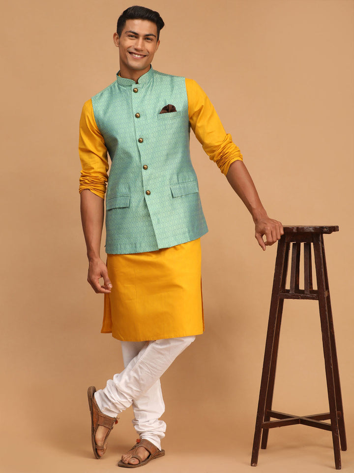 Sarvati Men's Green Jacquard Nehru Jacket with Kurta Pyjama Set