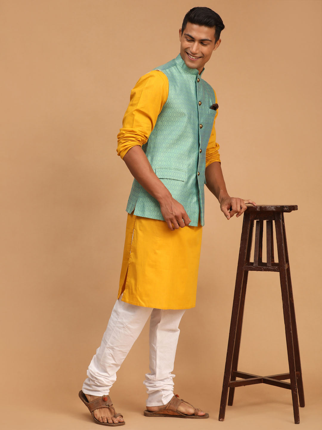 Sarvati Men's Green Jacquard Nehru Jacket with Kurta Pyjama Set