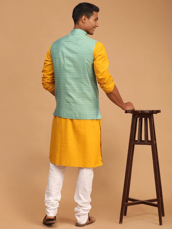 Sarvati Men's Green Jacquard Nehru Jacket with Kurta Pyjama Set