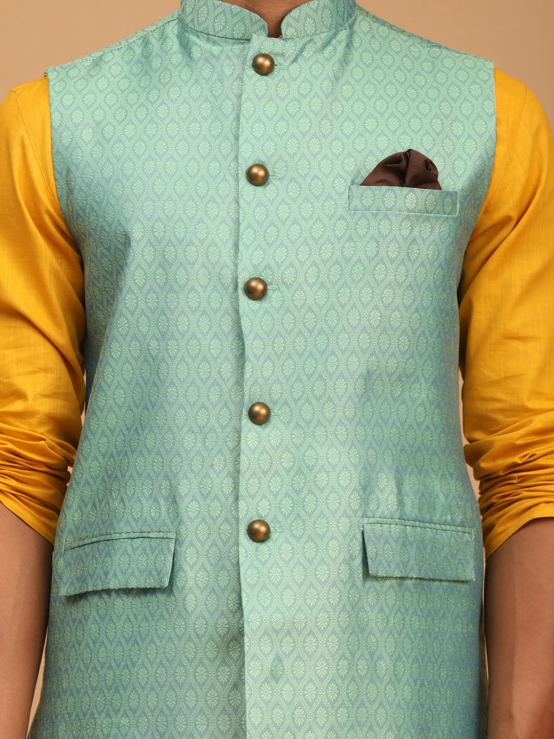 Sarvati Men's Green Jacquard Nehru Jacket with Kurta Pyjama Set