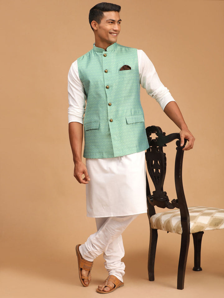 Sarvati Men's Green Jacquard Nehru Jacket with Kurta Pyjama Set