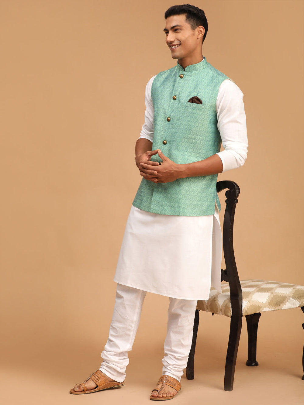 Sarvati Men's Green Jacquard Nehru Jacket with Kurta Pyjama Set