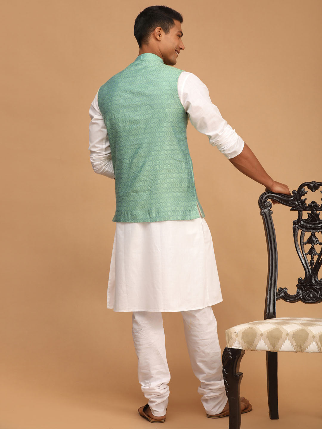 Sarvati Men's Green Jacquard Nehru Jacket with Kurta Pyjama Set