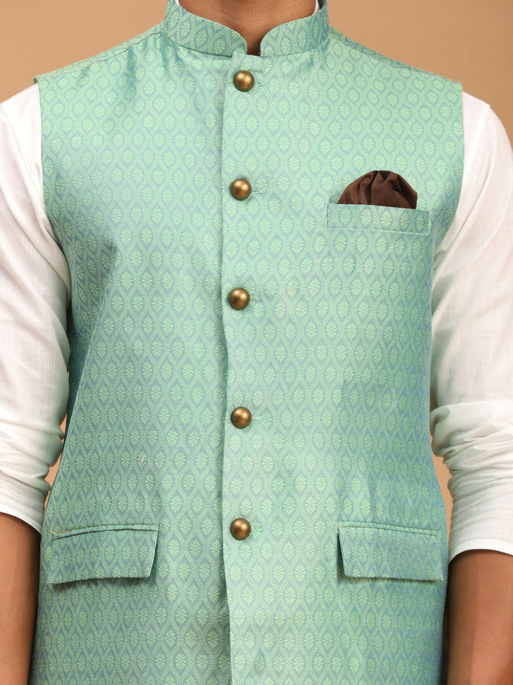 Sarvati Men's Green Jacquard Nehru Jacket with Kurta Pyjama Set