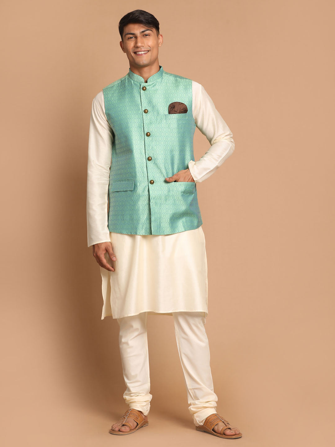 Sarvati Men's Green Jacquard Nehru Jacket with Kurta Pyjama Set