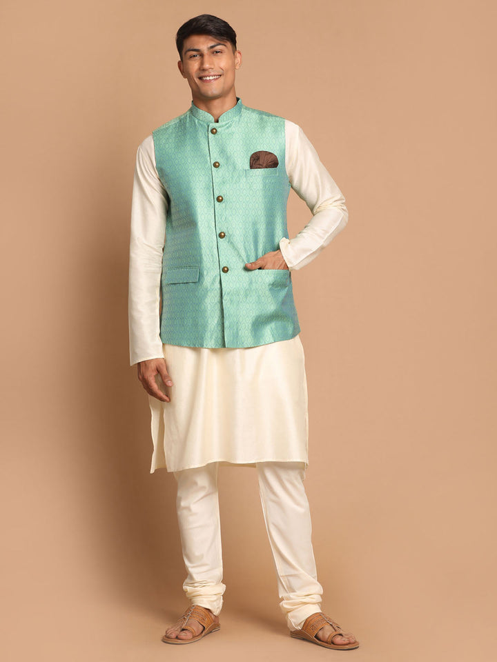 Sarvati Men's Green Jacquard Nehru Jacket with Kurta Pyjama Set