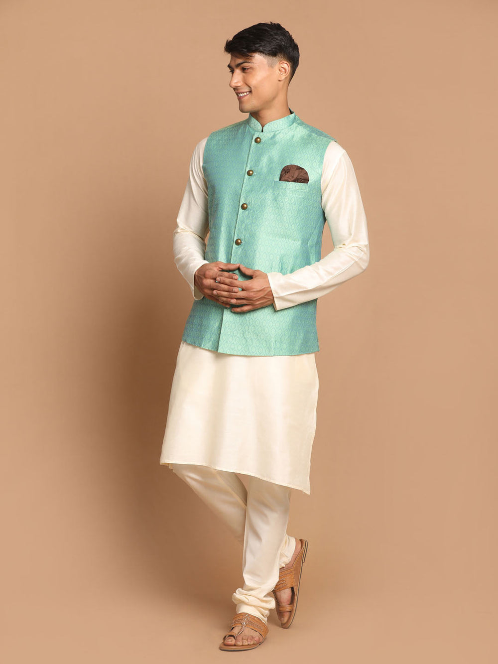 Sarvati Men's Green Jacquard Nehru Jacket with Kurta Pyjama Set