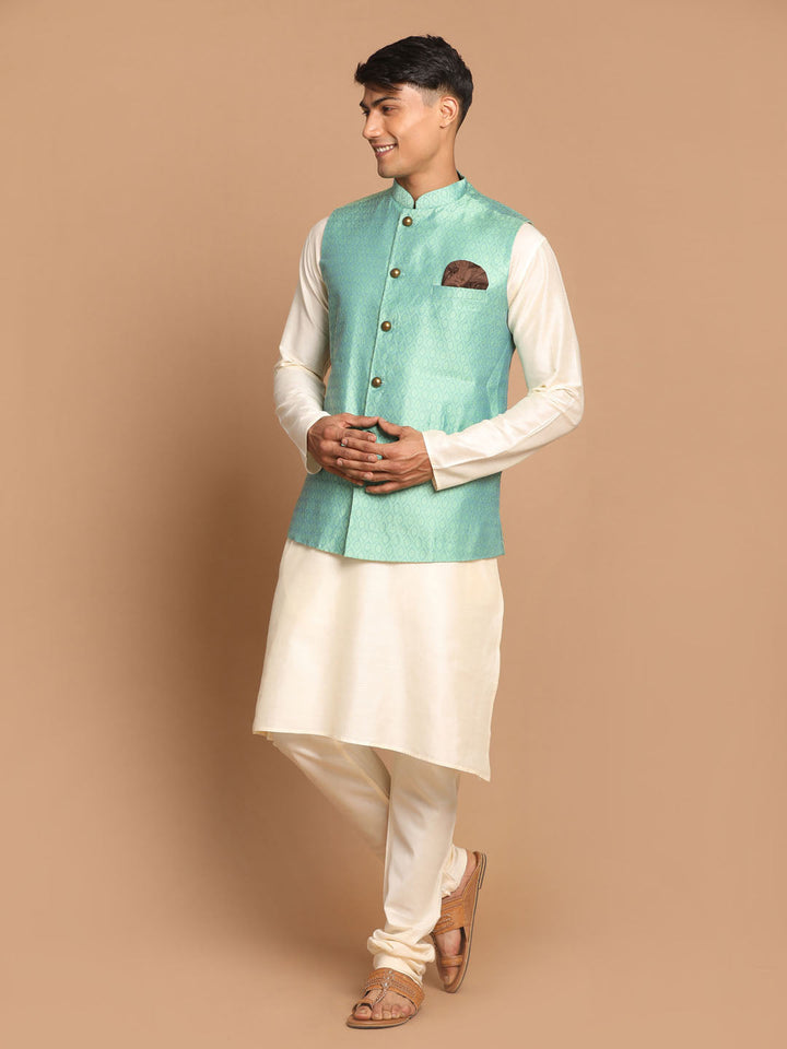 Sarvati Men's Green Jacquard Nehru Jacket with Kurta Pyjama Set