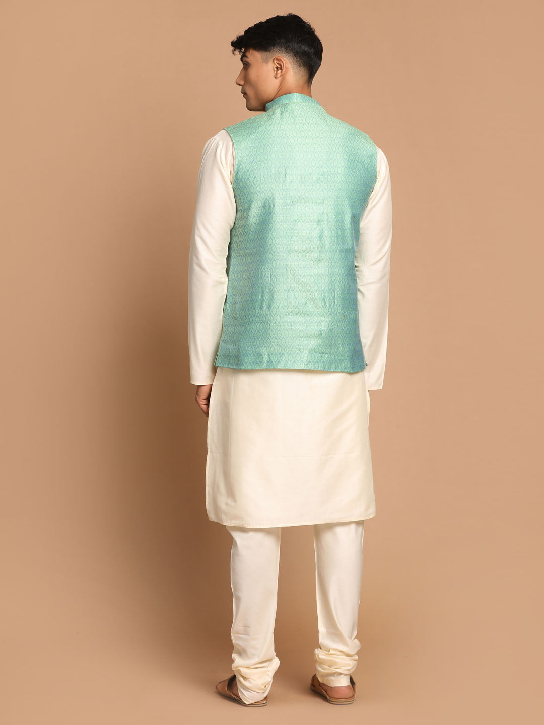 Sarvati Men's Green Jacquard Nehru Jacket with Kurta Pyjama Set