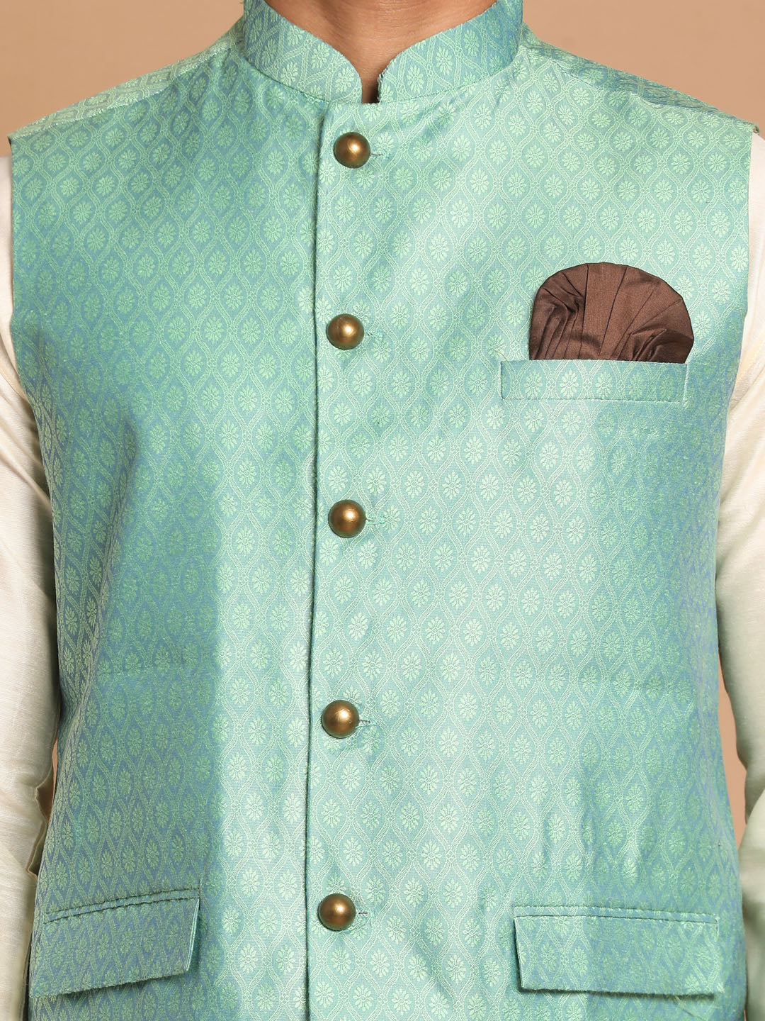 Sarvati Men's Green Jacquard Nehru Jacket with Kurta Pyjama Set