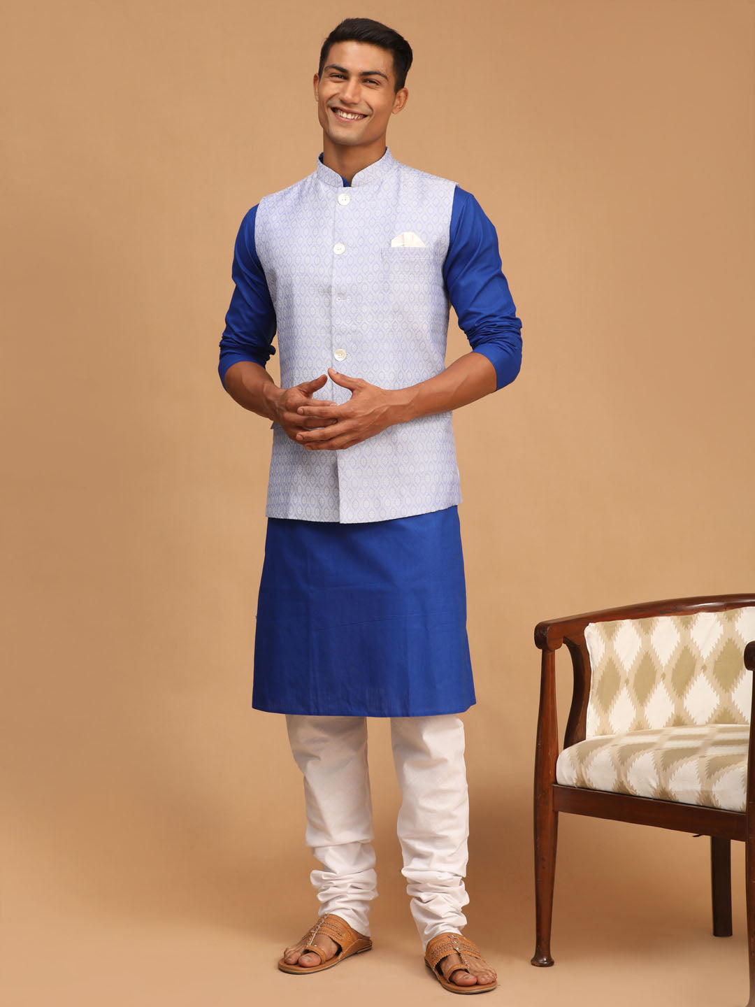 Sarvati Men's Lavender Jacquard Nehru Jacket with Kurta Pyjama Set