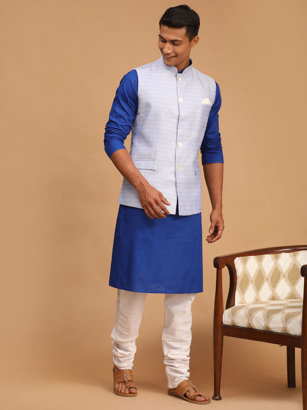 Sarvati Men's Lavender Jacquard Nehru Jacket with Kurta Pyjama Set