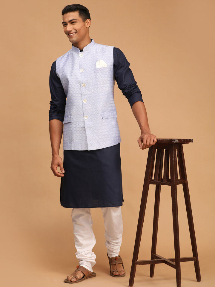 Sarvati Men's Lavender Jacquard Nehru Jacket with Kurta Pyjama Set