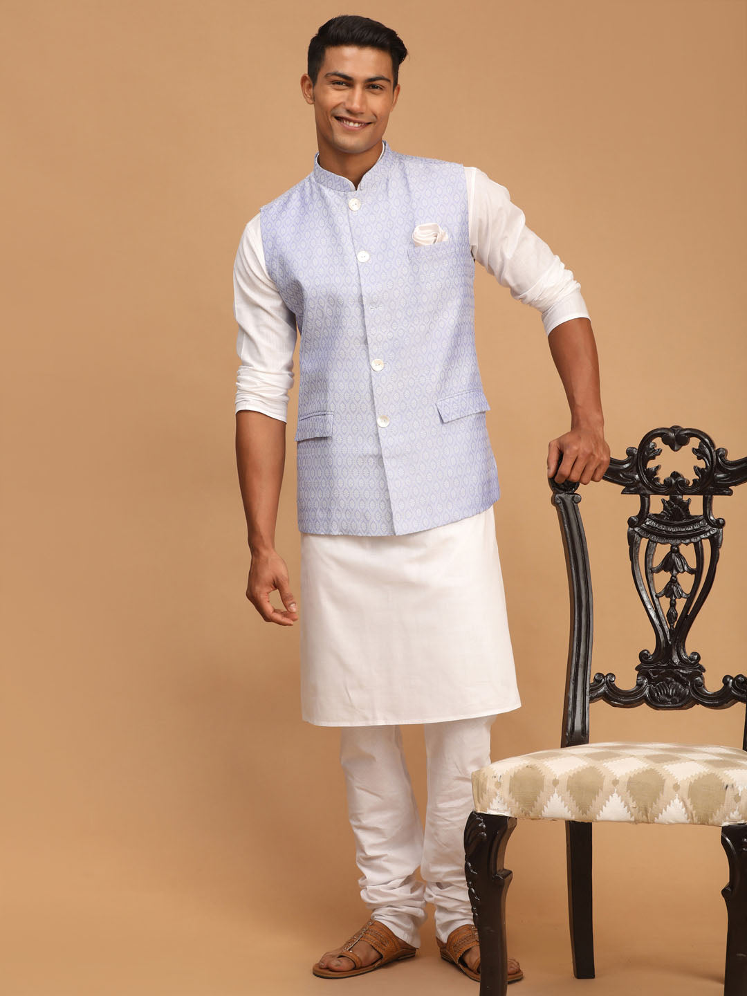 Sarvati Men's Lavender Jacquard Nehru Jacket with Kurta Pyjama Set