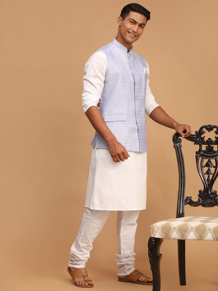 Sarvati Men's Lavender Jacquard Nehru Jacket with Kurta Pyjama Set