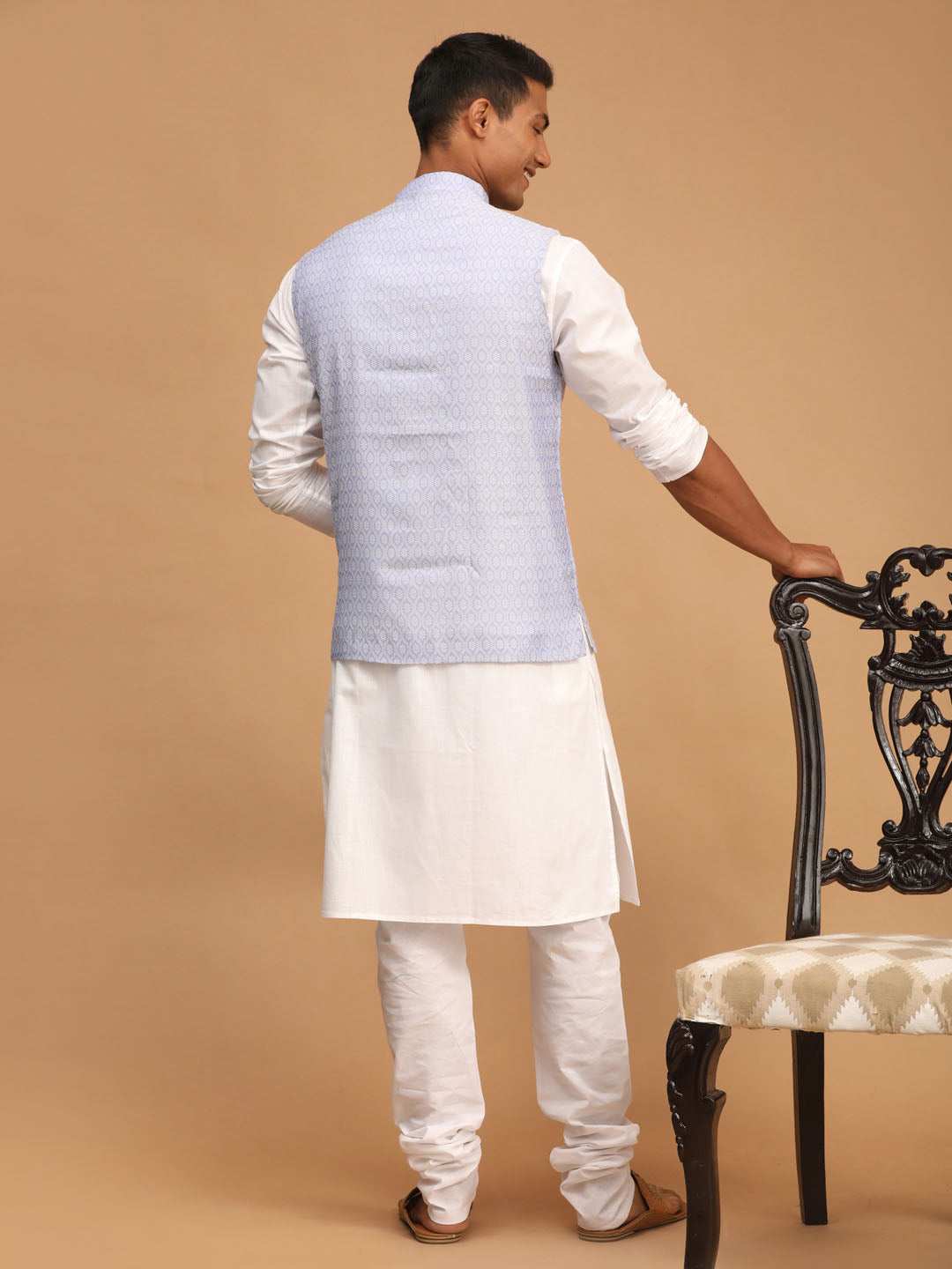 Sarvati Men's Lavender Jacquard Nehru Jacket with Kurta Pyjama Set