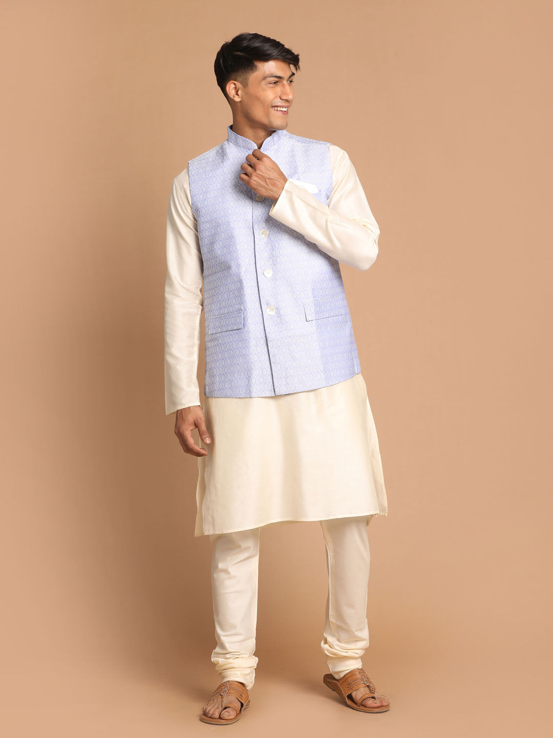 Sarvati Men's Lavender Jacquard Nehru Jacket with Kurta Pyjama Set