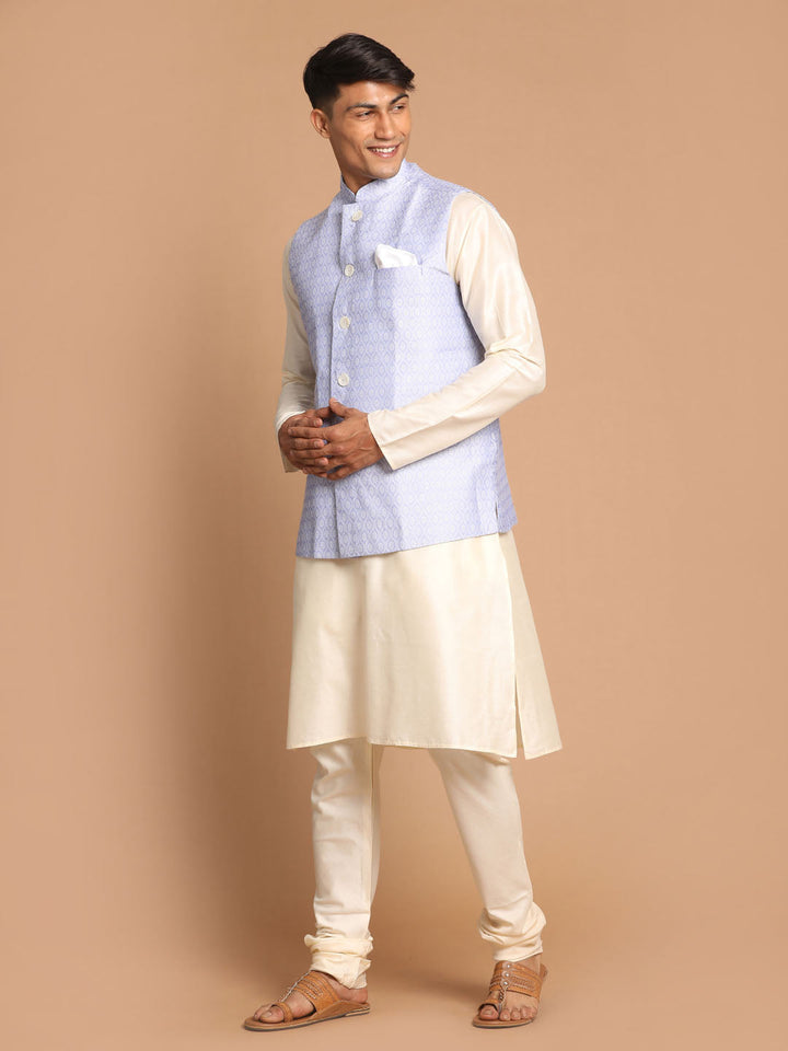 Sarvati Men's Lavender Jacquard Nehru Jacket with Kurta Pyjama Set