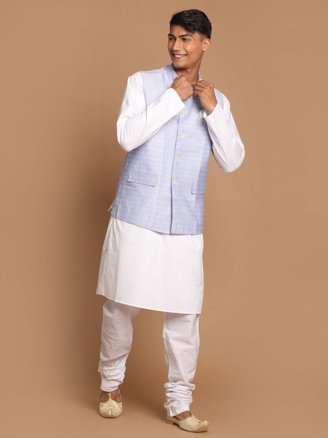 Sarvati Men's Light Blue Jacquard Nehru Jacket with Kurta Pyjama Set