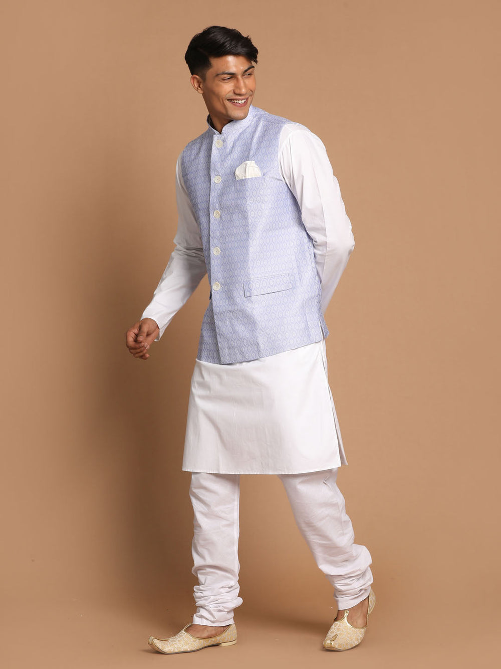 Sarvati Men's Light Blue Jacquard Nehru Jacket with Kurta Pyjama Set