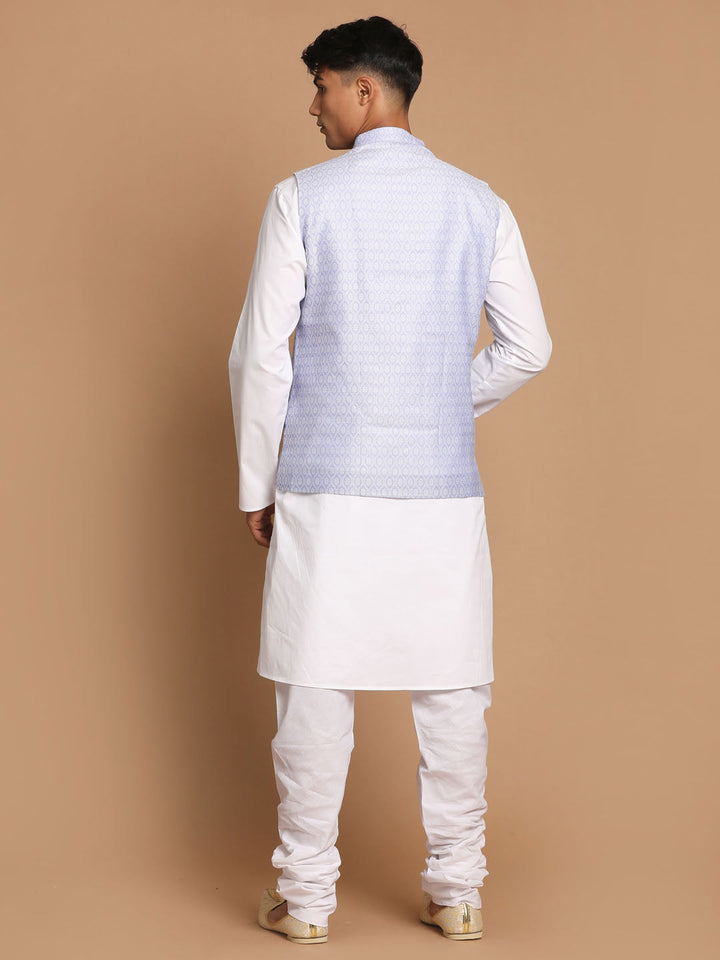 Sarvati Men's Light Blue Jacquard Nehru Jacket with Kurta Pyjama Set