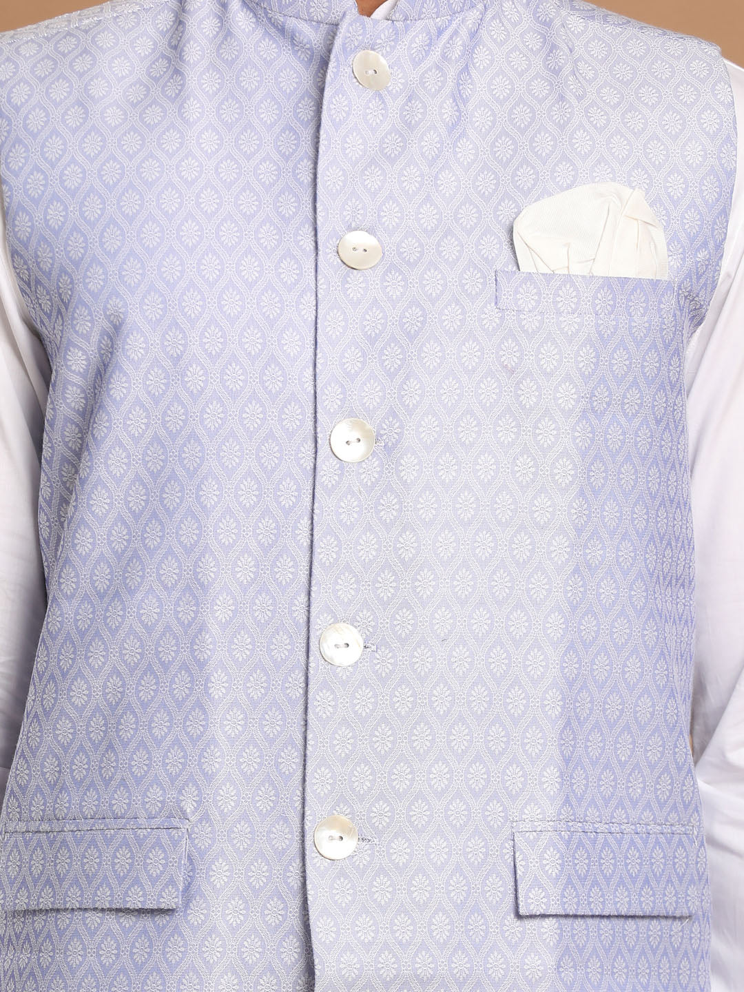 Sarvati Men's Light Blue Jacquard Nehru Jacket with Kurta Pyjama Set