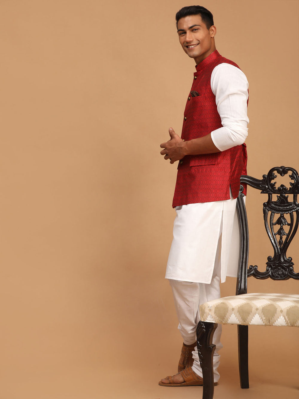 Sarvati Men's Maroon Jacquard Nehru Jacket with Kurta Pyjama Set