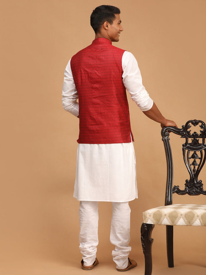 Sarvati Men's Maroon Jacquard Nehru Jacket with Kurta Pyjama Set
