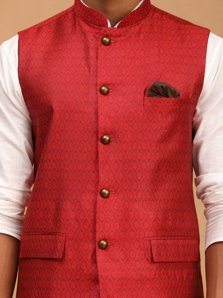 Sarvati Men's Maroon Jacquard Nehru Jacket with Kurta Pyjama Set
