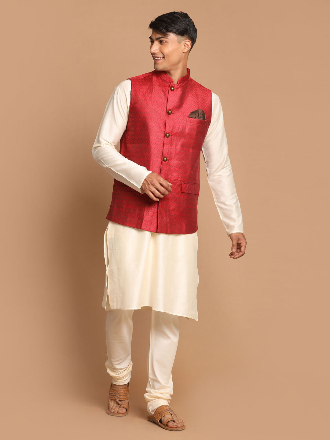 Sarvati Men's Maroon Jacquard Nehru Jacket with Kurta Pyjama Set