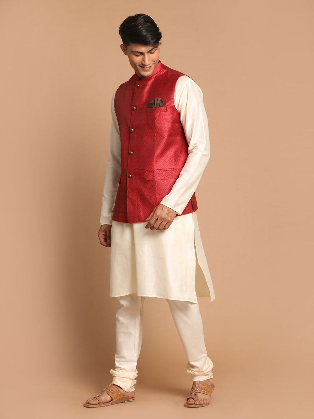 Sarvati Men's Maroon Jacquard Nehru Jacket with Kurta Pyjama Set