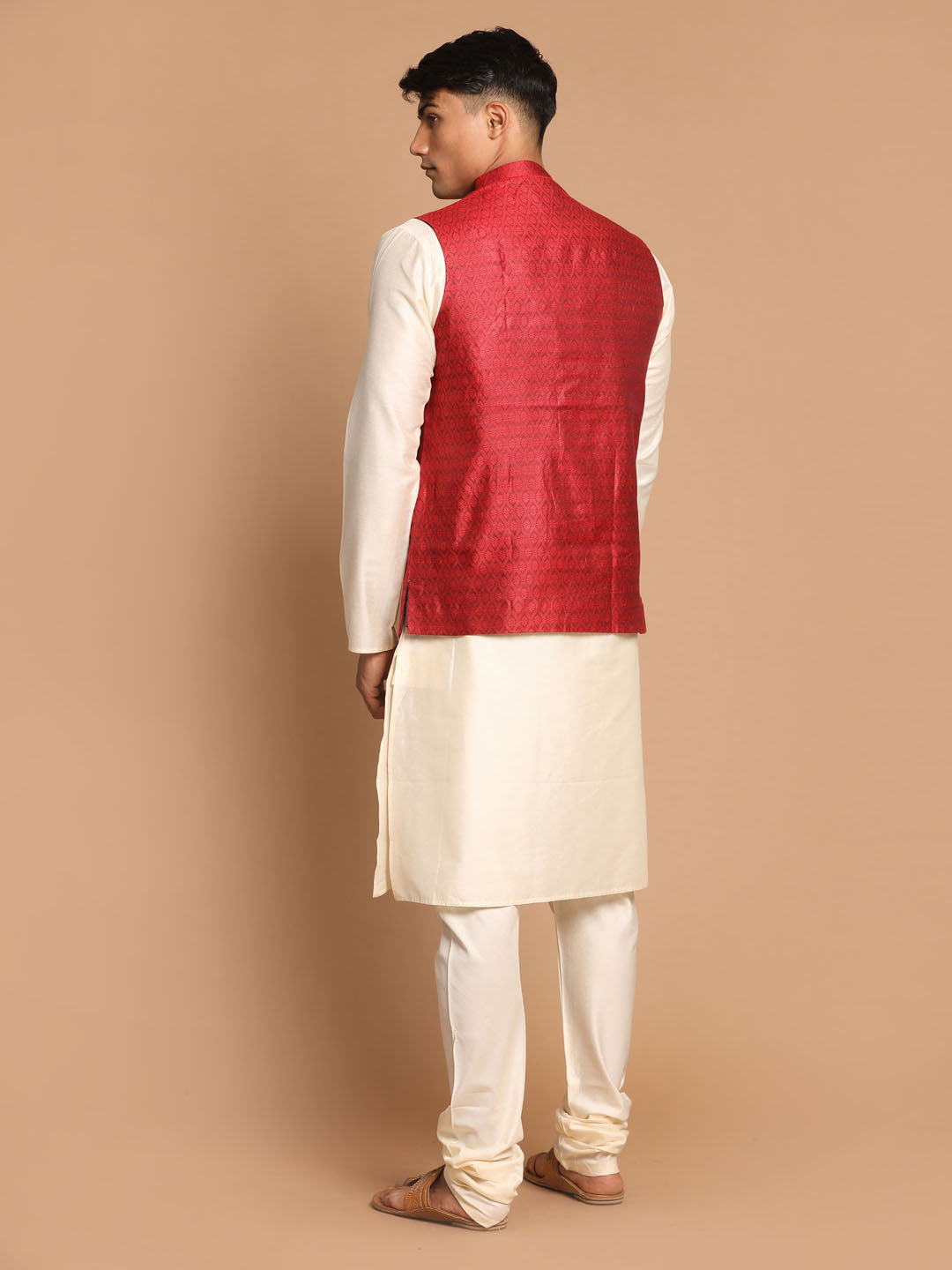 Sarvati Men's Maroon Jacquard Nehru Jacket with Kurta Pyjama Set