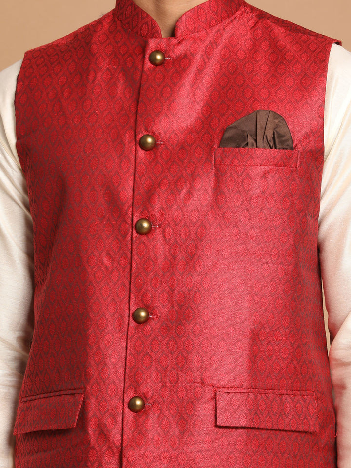 Sarvati Men's Maroon Jacquard Nehru Jacket with Kurta Pyjama Set
