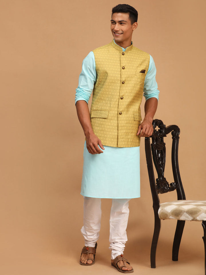 Sarvati Men's Yellow Jacquard Nehru Jacket with Kurta Pyjama Set