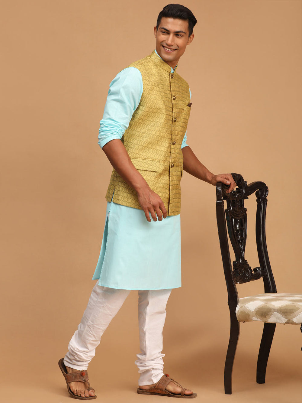 Sarvati Men's Yellow Jacquard Nehru Jacket with Kurta Pyjama Set