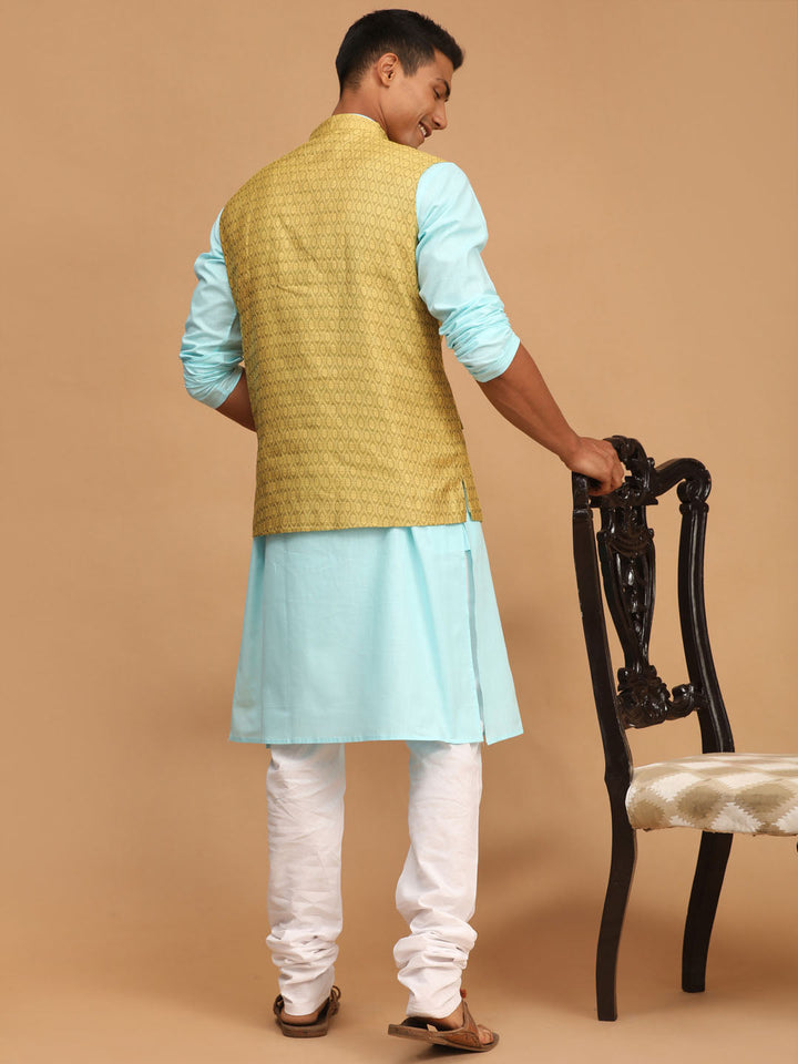 Sarvati Men's Yellow Jacquard Nehru Jacket with Kurta Pyjama Set