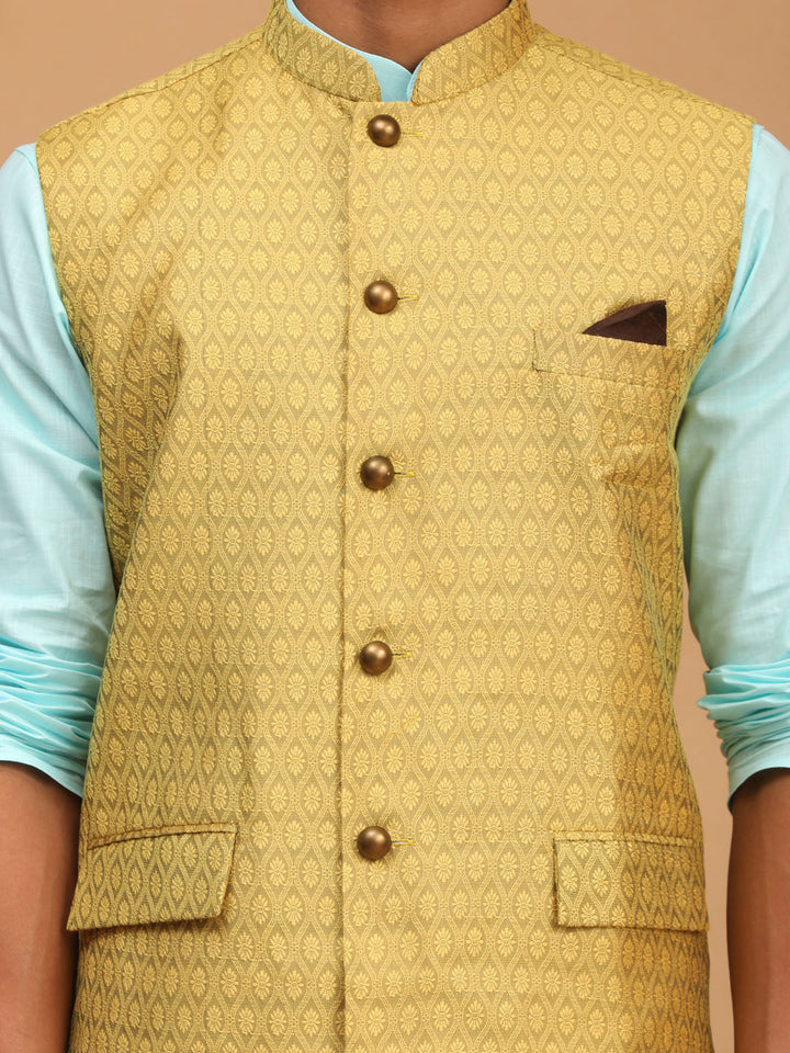 Sarvati Men's Yellow Jacquard Nehru Jacket with Kurta Pyjama Set