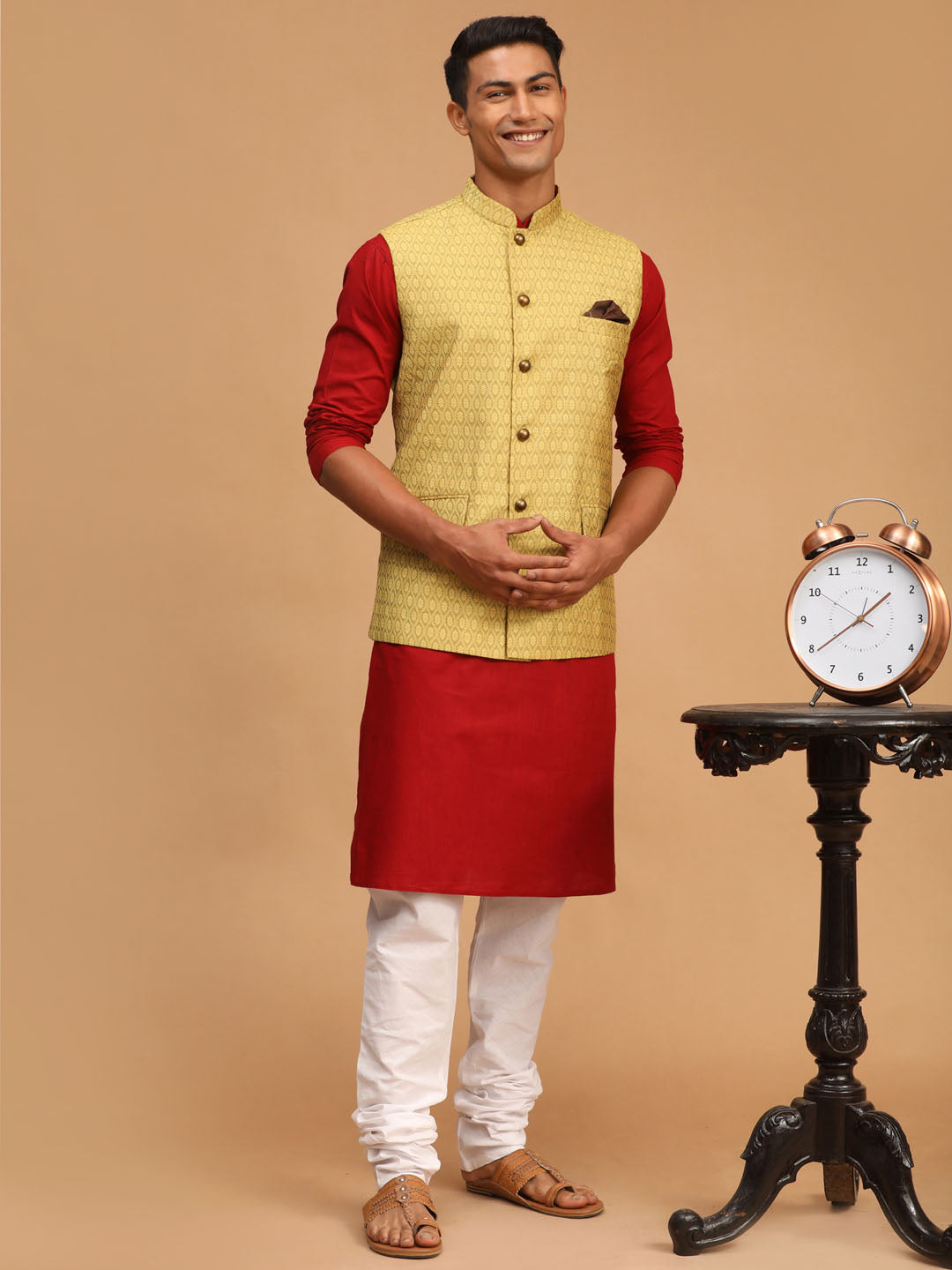 Sarvati Men's Yellow Jacquard Nehru Jacket with Kurta Pyjama Set