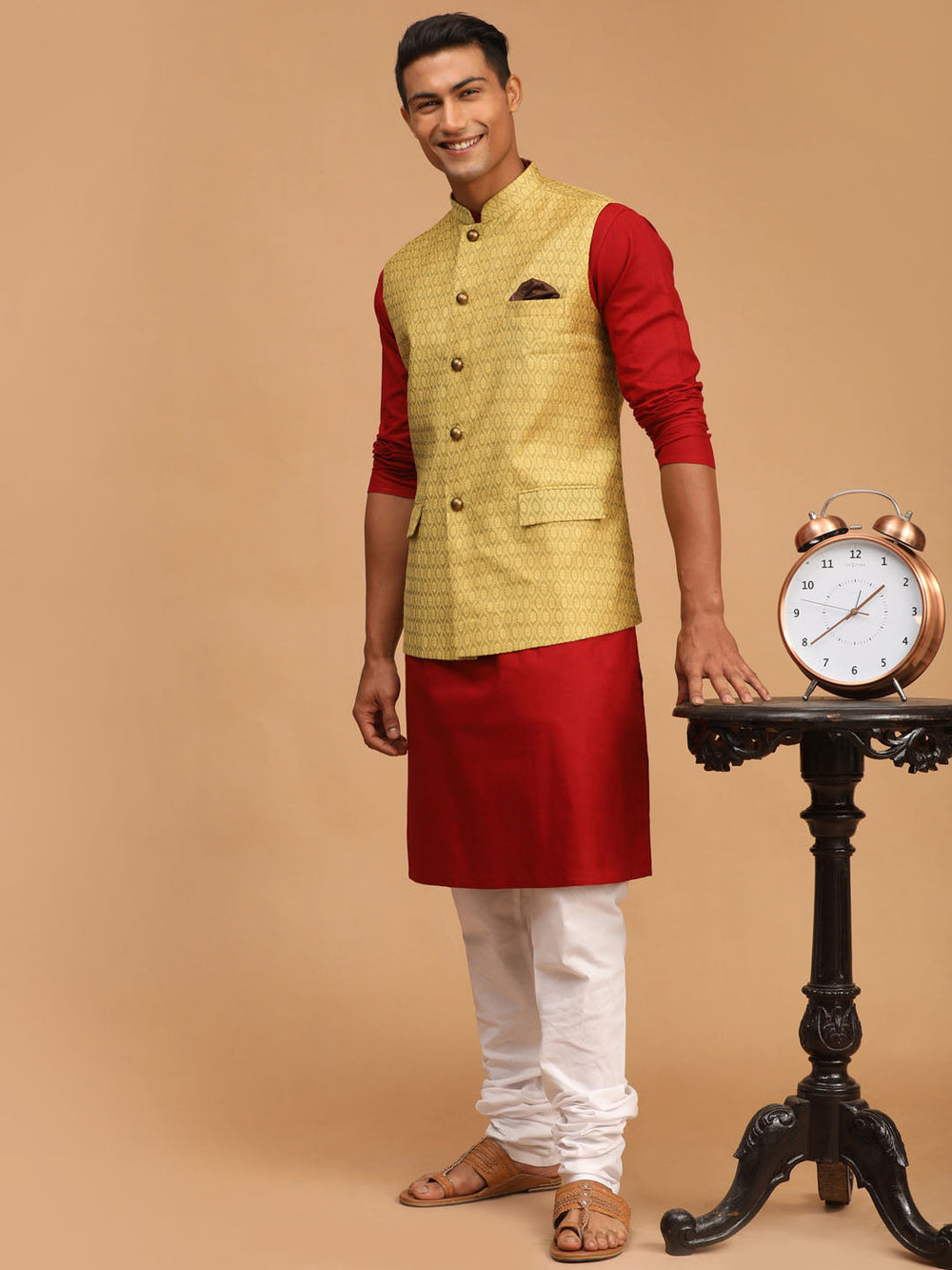 Sarvati Men's Yellow Jacquard Nehru Jacket with Kurta Pyjama Set