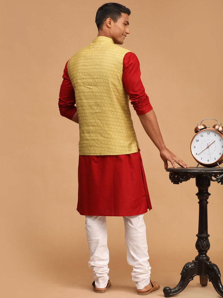 Sarvati Men's Yellow Jacquard Nehru Jacket with Kurta Pyjama Set