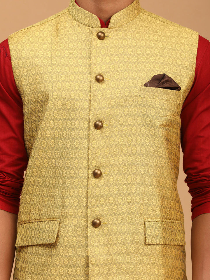 Sarvati Men's Yellow Jacquard Nehru Jacket with Kurta Pyjama Set