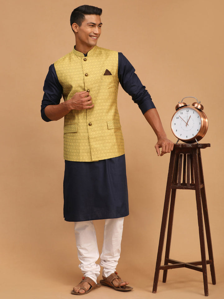 Sarvati Men's Yellow Jacquard Nehru Jacket with Kurta Pyjama Set