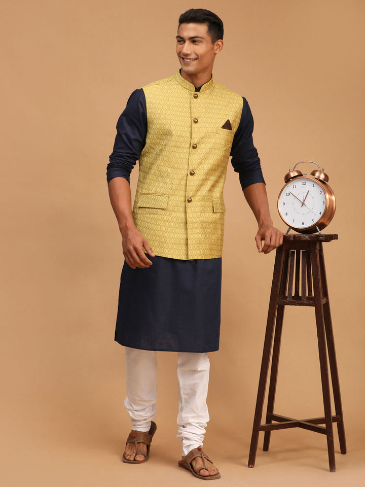 Sarvati Men's Yellow Jacquard Nehru Jacket with Kurta Pyjama Set