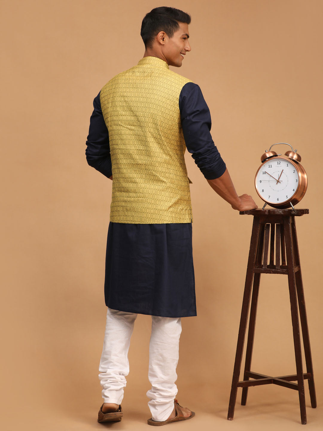 Sarvati Men's Yellow Jacquard Nehru Jacket with Kurta Pyjama Set