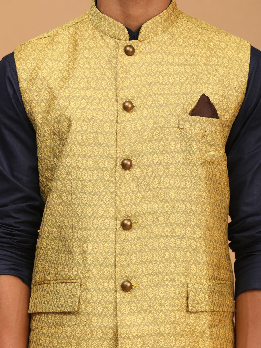 Sarvati Men's Yellow Jacquard Nehru Jacket with Kurta Pyjama Set