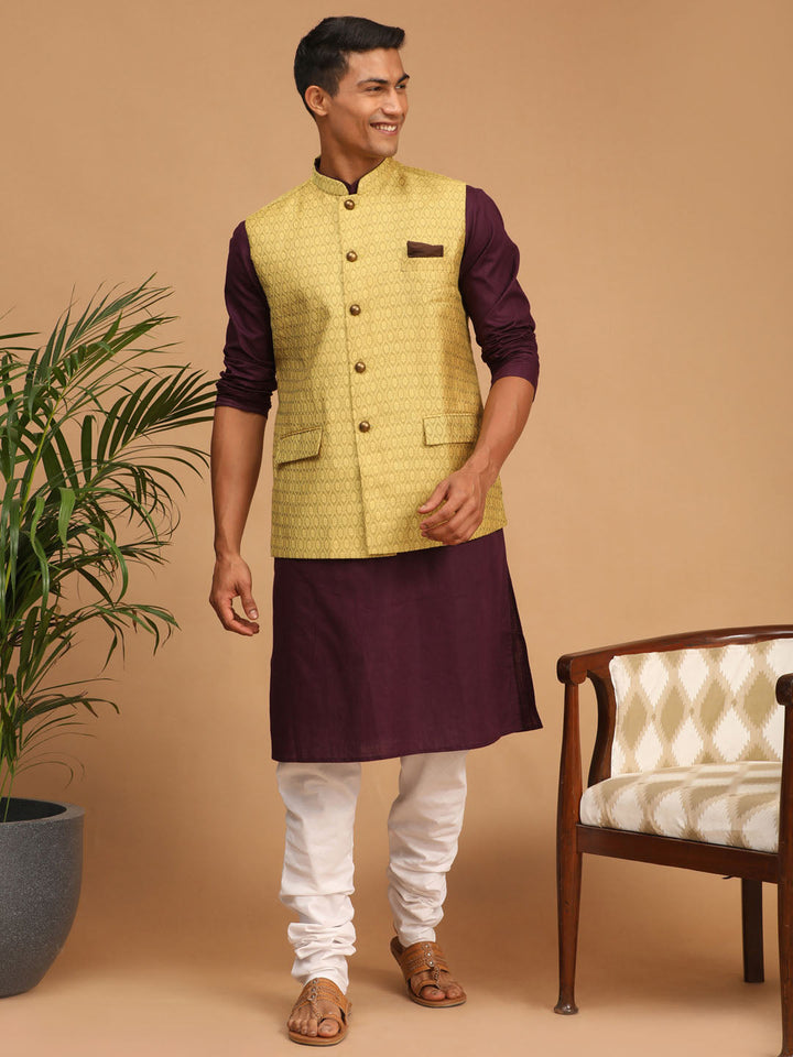 Sarvati Men's Yellow Jacquard Nehru Jacket with Kurta Pyjama Set