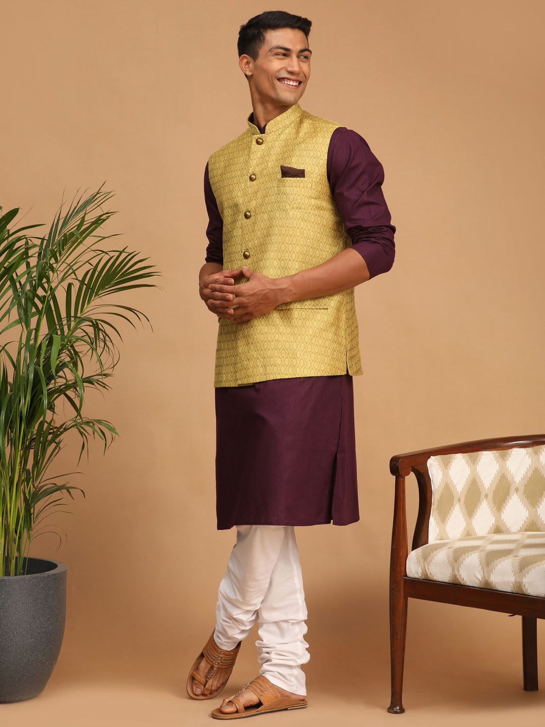 Sarvati Men's Yellow Jacquard Nehru Jacket with Kurta Pyjama Set