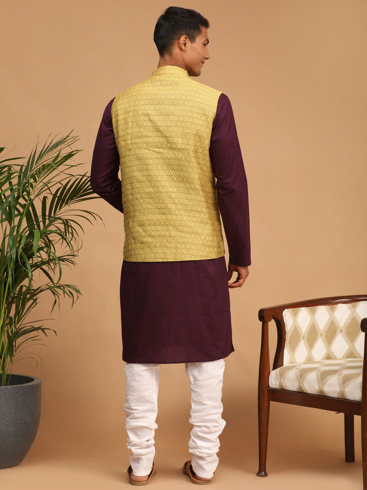 Sarvati Men's Yellow Jacquard Nehru Jacket with Kurta Pyjama Set