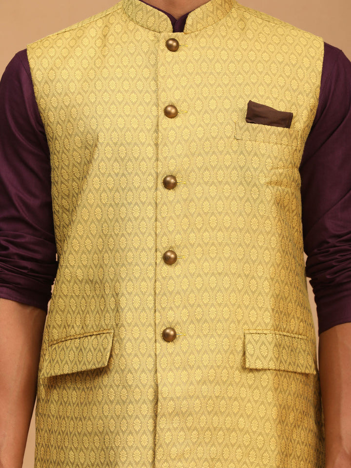 Sarvati Men's Yellow Jacquard Nehru Jacket with Kurta Pyjama Set