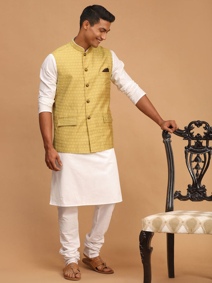 Sarvati Men's Yellow Jacquard Nehru Jacket with Kurta Pyjama Set